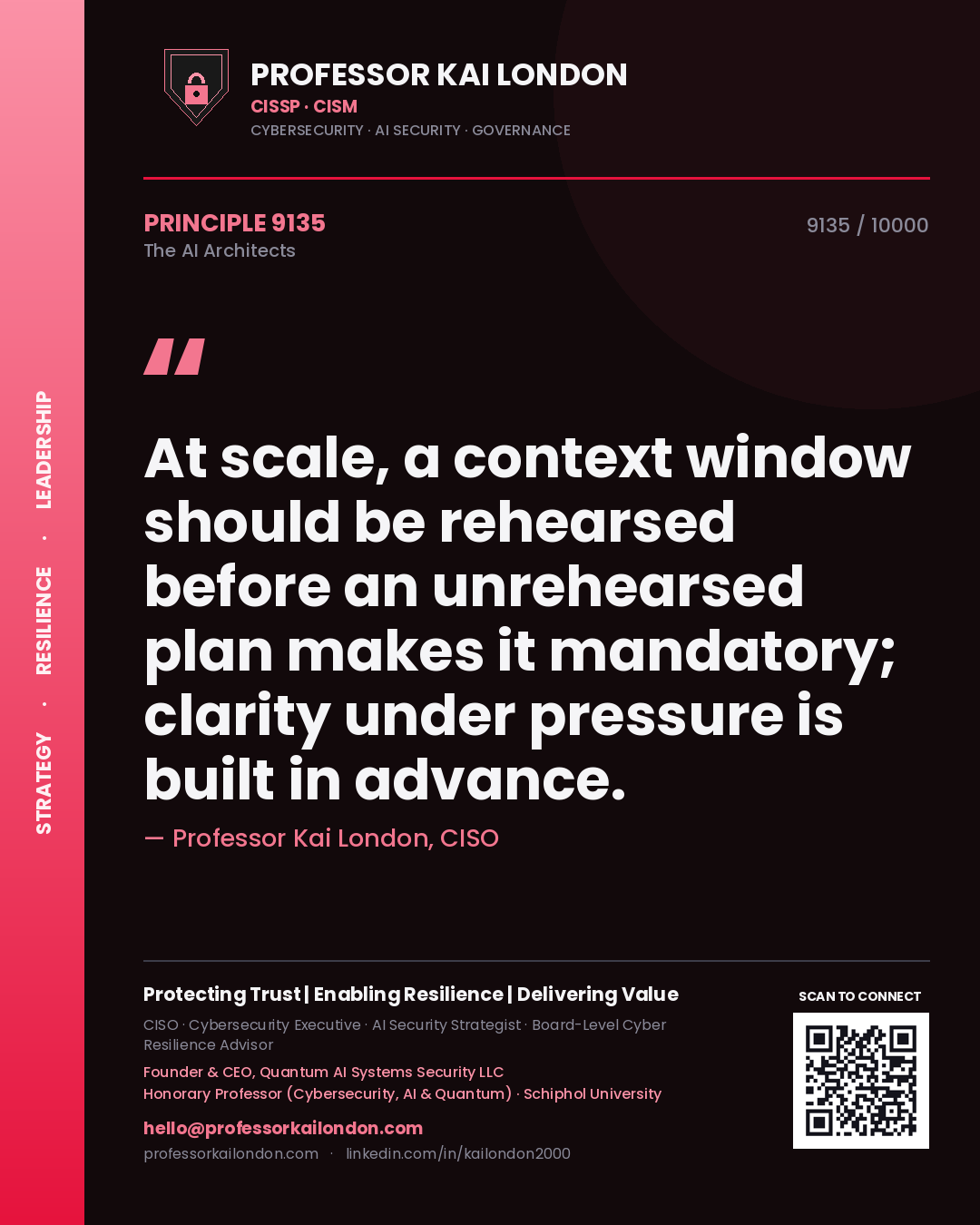 Professor Kai London principle 9135: At scale, a context window should be rehearsed before an unrehearsed plan makes it mandatory; clarity under pressure is built in advance.