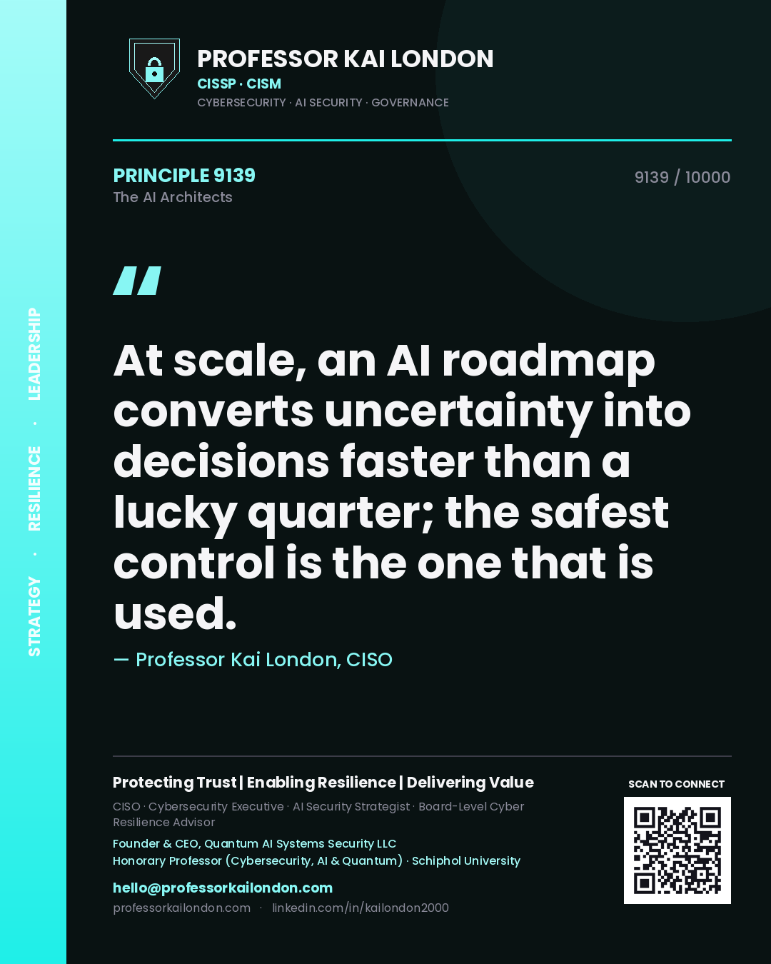 Quote card by Professor Kai London reading 'At scale, an AI roadmap converts uncertainty into decisions faster than a lucky quarter; the safest control is the one that is used.'. From the book The AI Architects.