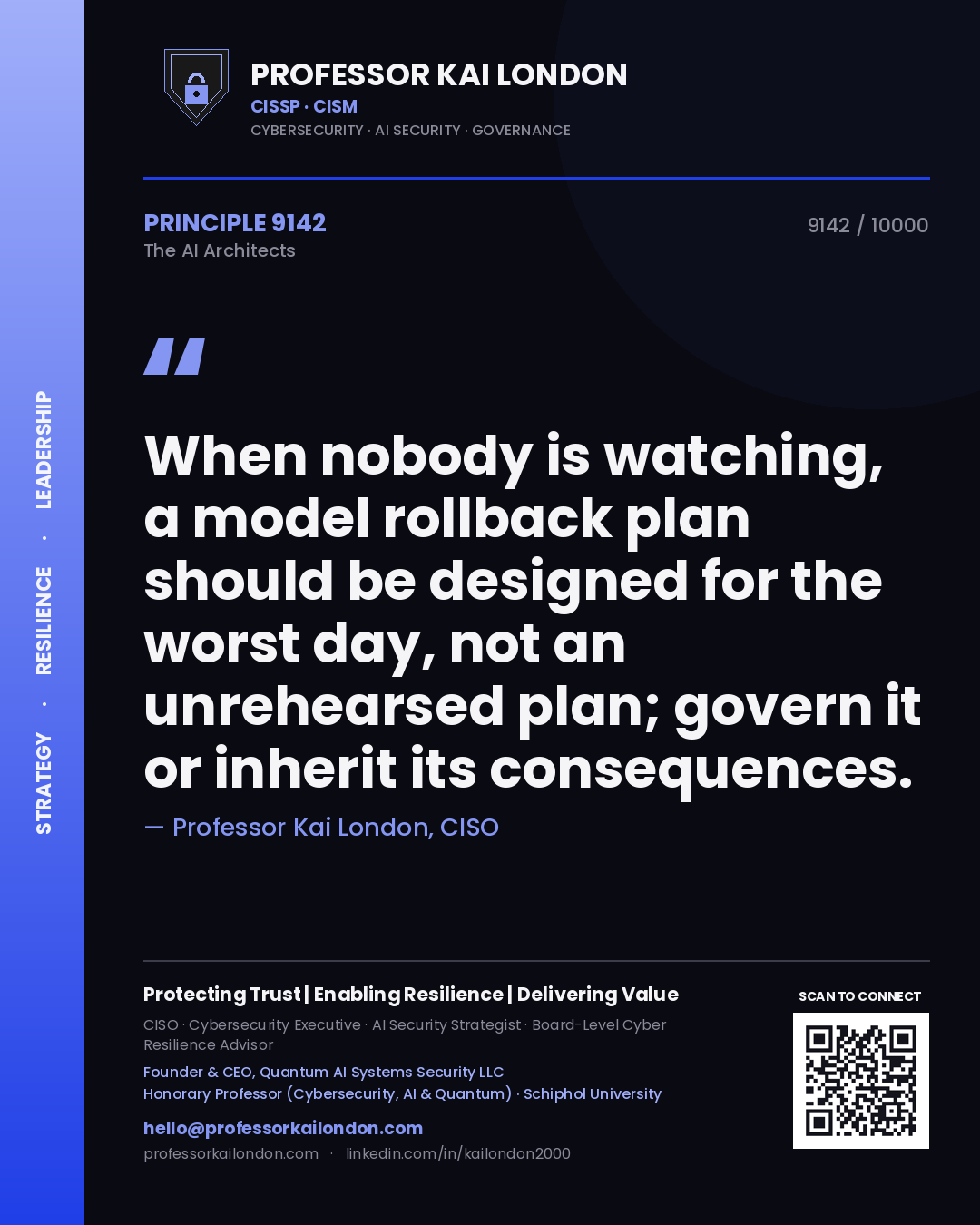 Quote card by Professor Kai London reading 'When nobody is watching, a model rollback plan should be designed for the worst day, not an unrehearsed plan; govern it or inherit its consequences.'. From the book The AI Architects.