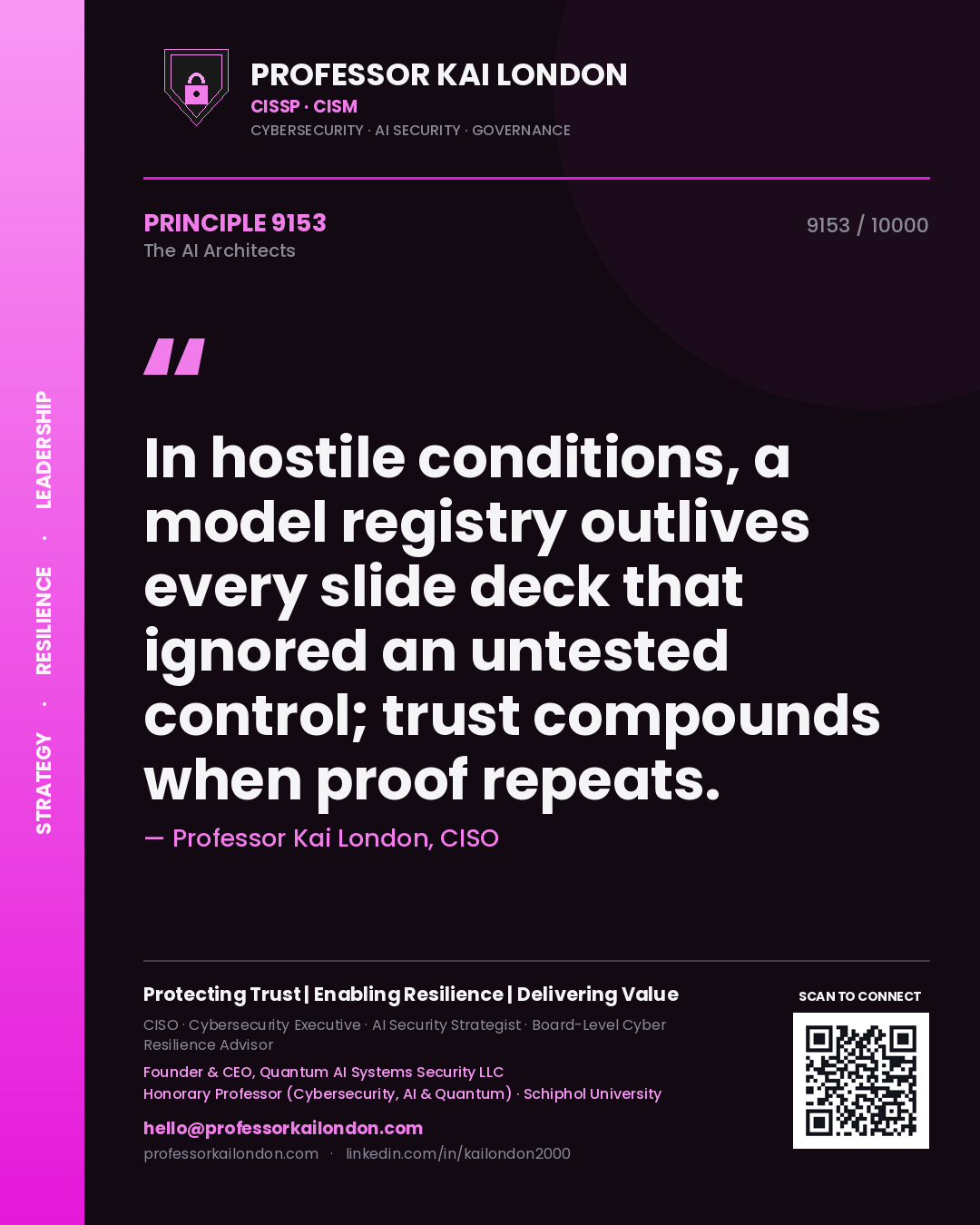 Quote card by Professor Kai London reading 'In hostile conditions, a model registry outlives every slide deck that ignored an untested control; trust compounds when proof repeats.'. From the book The AI Architects.