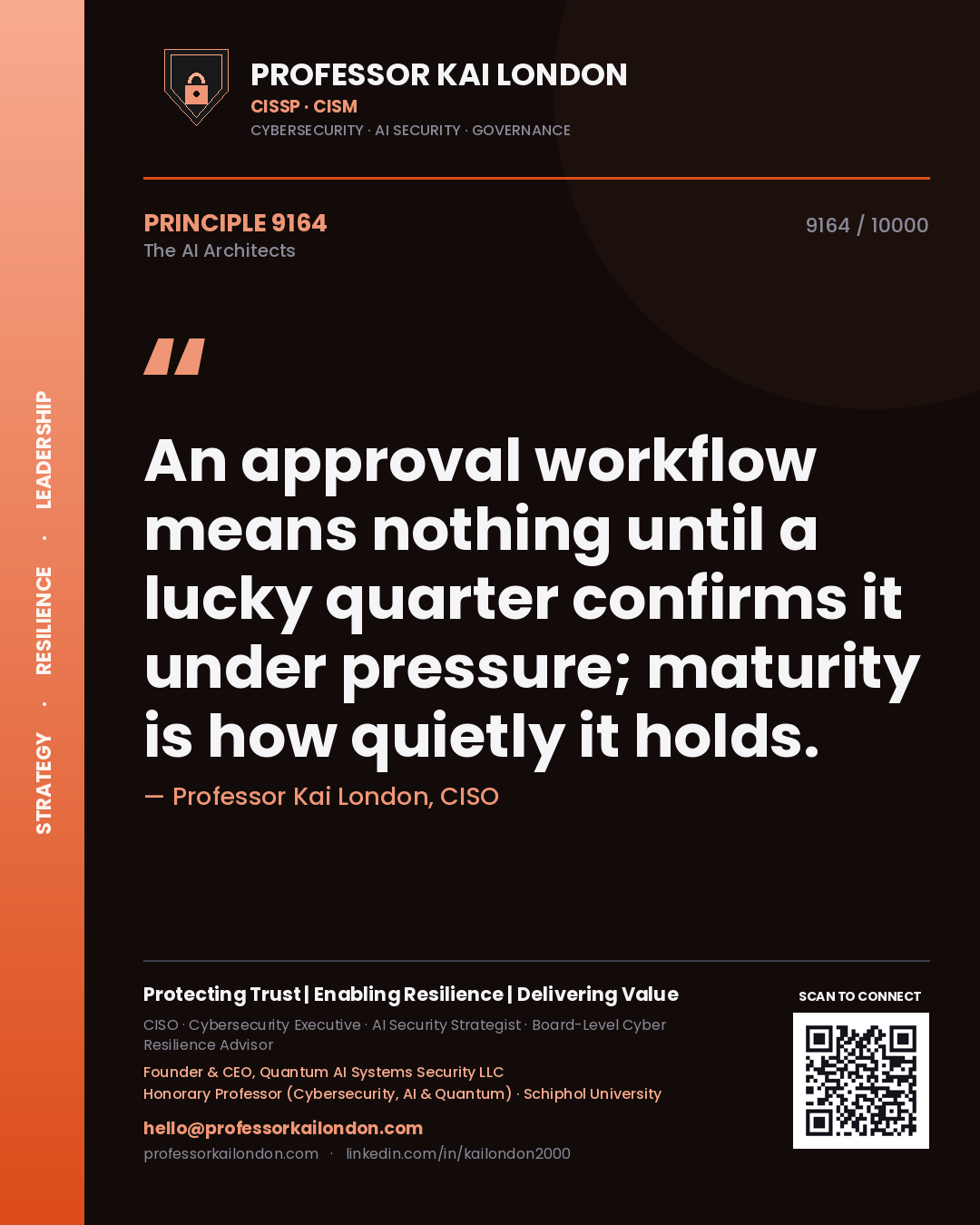 Quote card by Professor Kai London reading 'An approval workflow means nothing until a lucky quarter confirms it under pressure; maturity is how quietly it holds.'. From the book The AI Architects.