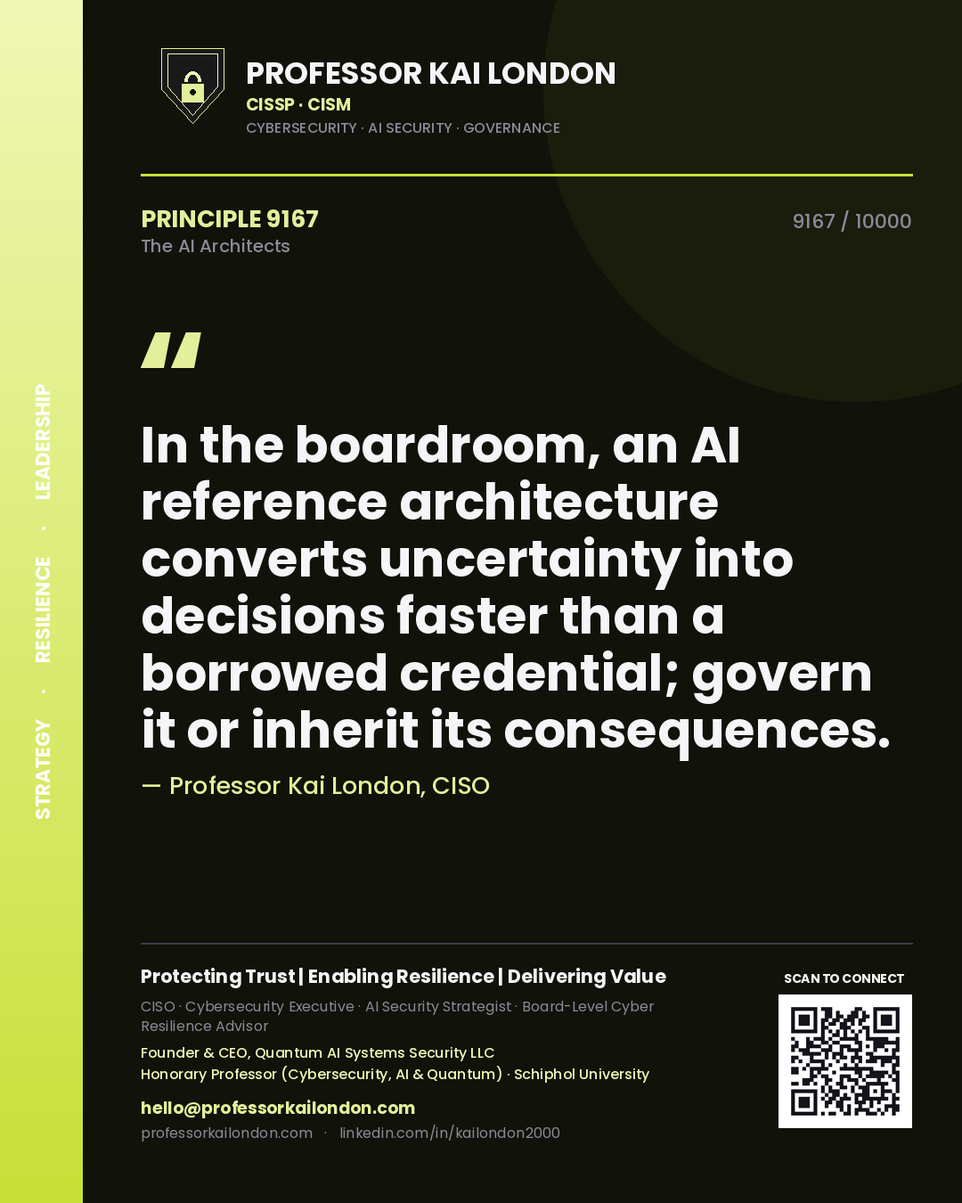 Quote card by Professor Kai London reading 'In the boardroom, an AI reference architecture converts uncertainty into decisions faster than a borrowed credential; govern it or inherit its consequences.'. From the book The AI Architects.