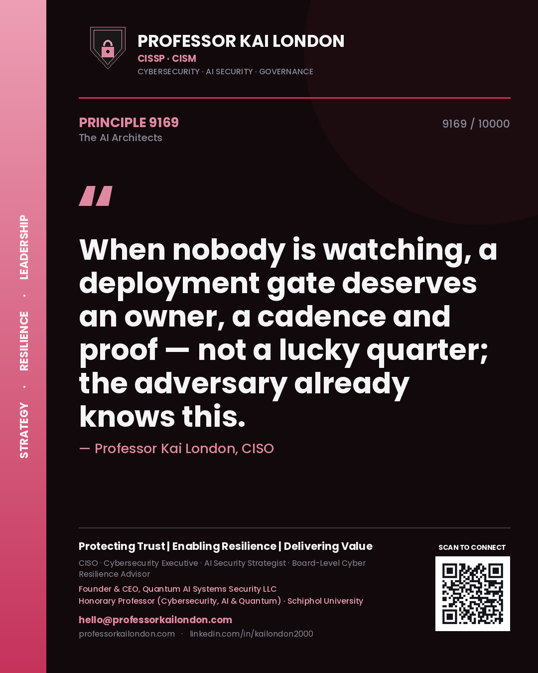 Quote card by Professor Kai London reading 'When nobody is watching, a deployment gate deserves an owner, a cadence and proof — not a lucky quarter; the adversary already knows this.'. From the book The AI Architects.