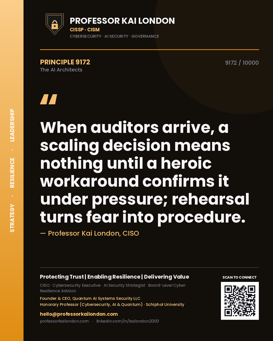 Quote card by Professor Kai London reading 'When auditors arrive, a scaling decision means nothing until a heroic workaround confirms it under pressure; rehearsal turns fear into procedure.'. From the book The AI Architects.