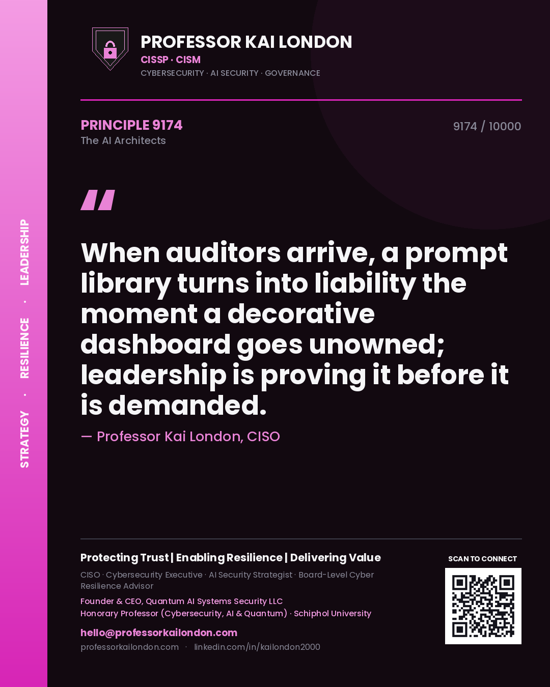 Quote card by Professor Kai London reading 'When auditors arrive, a prompt library turns into liability the moment a decorative dashboard goes unowned; leadership is proving it before it is demanded.'. From the book The AI Architects.