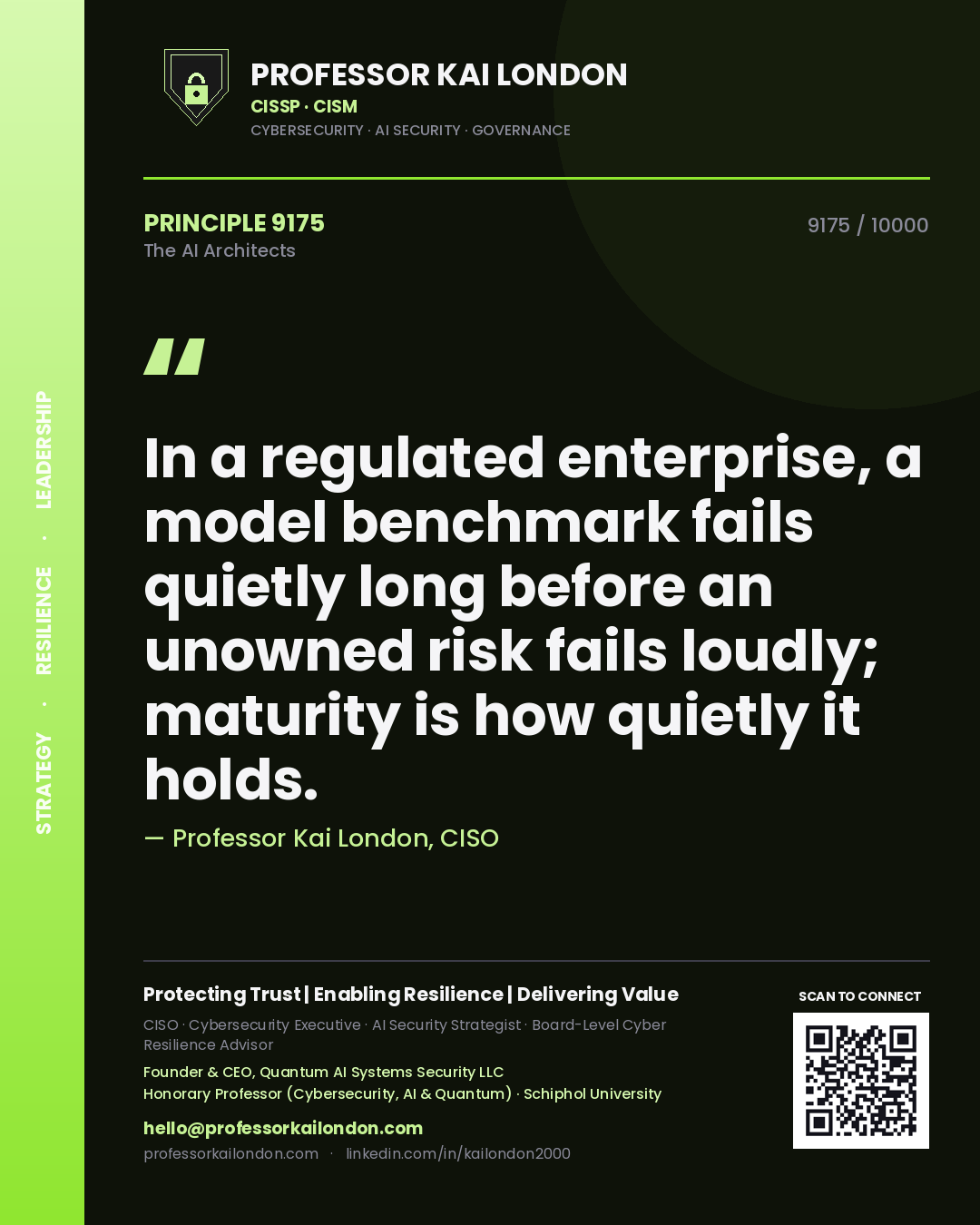 Quote card by Professor Kai London reading 'In a regulated enterprise, a model benchmark fails quietly long before an unowned risk fails loudly; maturity is how quietly it holds.'. From the book The AI Architects.