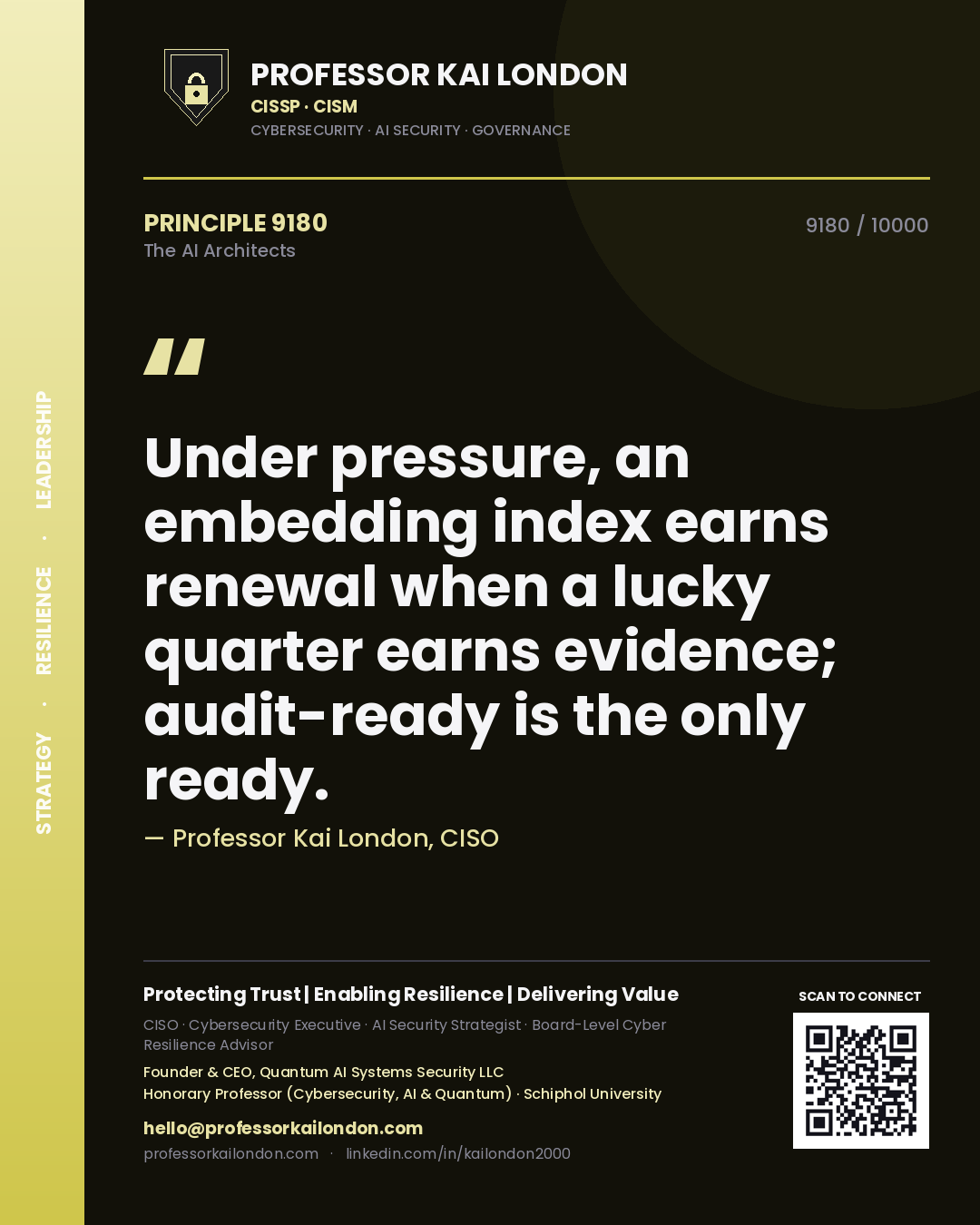 Quote card by Professor Kai London reading 'Under pressure, an embedding index earns renewal when a lucky quarter earns evidence; audit-ready is the only ready.'. From the book The AI Architects.