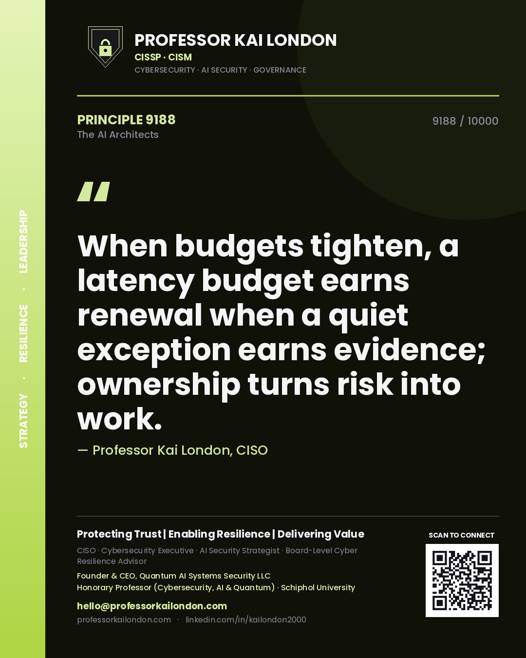 Quote card by Professor Kai London reading 'When budgets tighten, a latency budget earns renewal when a quiet exception earns evidence; ownership turns risk into work.'. From the book The AI Architects.
