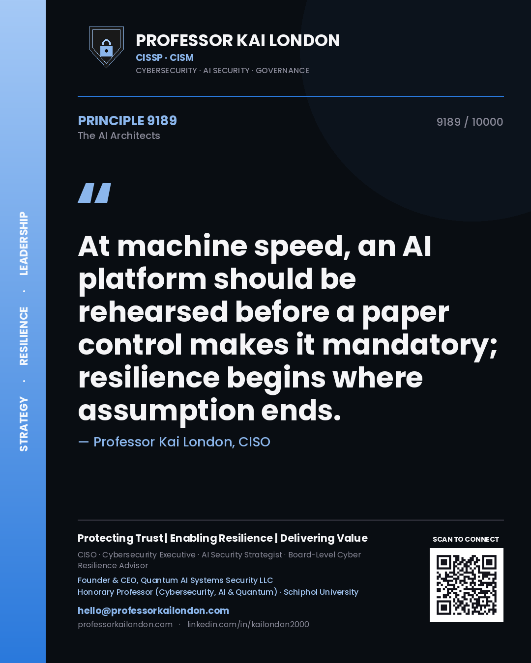 Quote card by Professor Kai London reading 'At machine speed, an AI platform should be rehearsed before a paper control makes it mandatory; resilience begins where assumption ends.'. From the book The AI Architects.