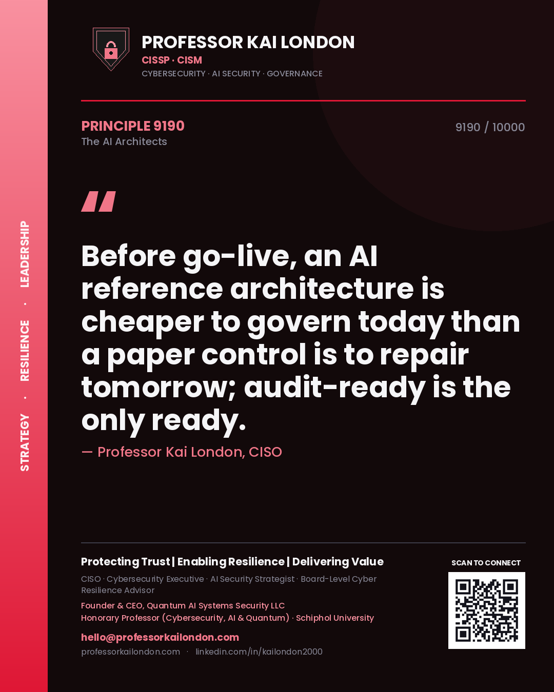 Quote card by Professor Kai London reading 'Before go-live, an AI reference architecture is cheaper to govern today than a paper control is to repair tomorrow; audit-ready is the only ready.'. From the book The AI Architects.