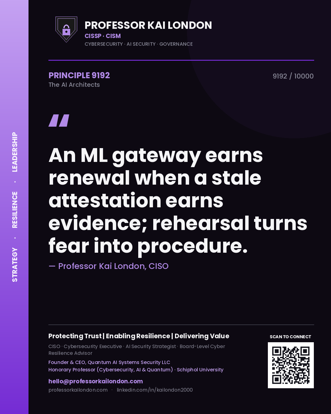 Quote card by Professor Kai London reading 'An ML gateway earns renewal when a stale attestation earns evidence; rehearsal turns fear into procedure.'. From the book The AI Architects.