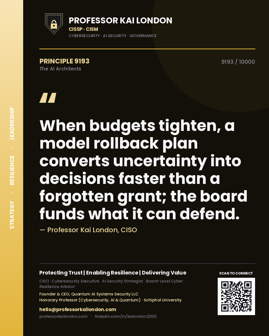 Quote card by Professor Kai London reading 'When budgets tighten, a model rollback plan converts uncertainty into decisions faster than a forgotten grant; the board funds what it can defend.'. From the book The AI Architects.