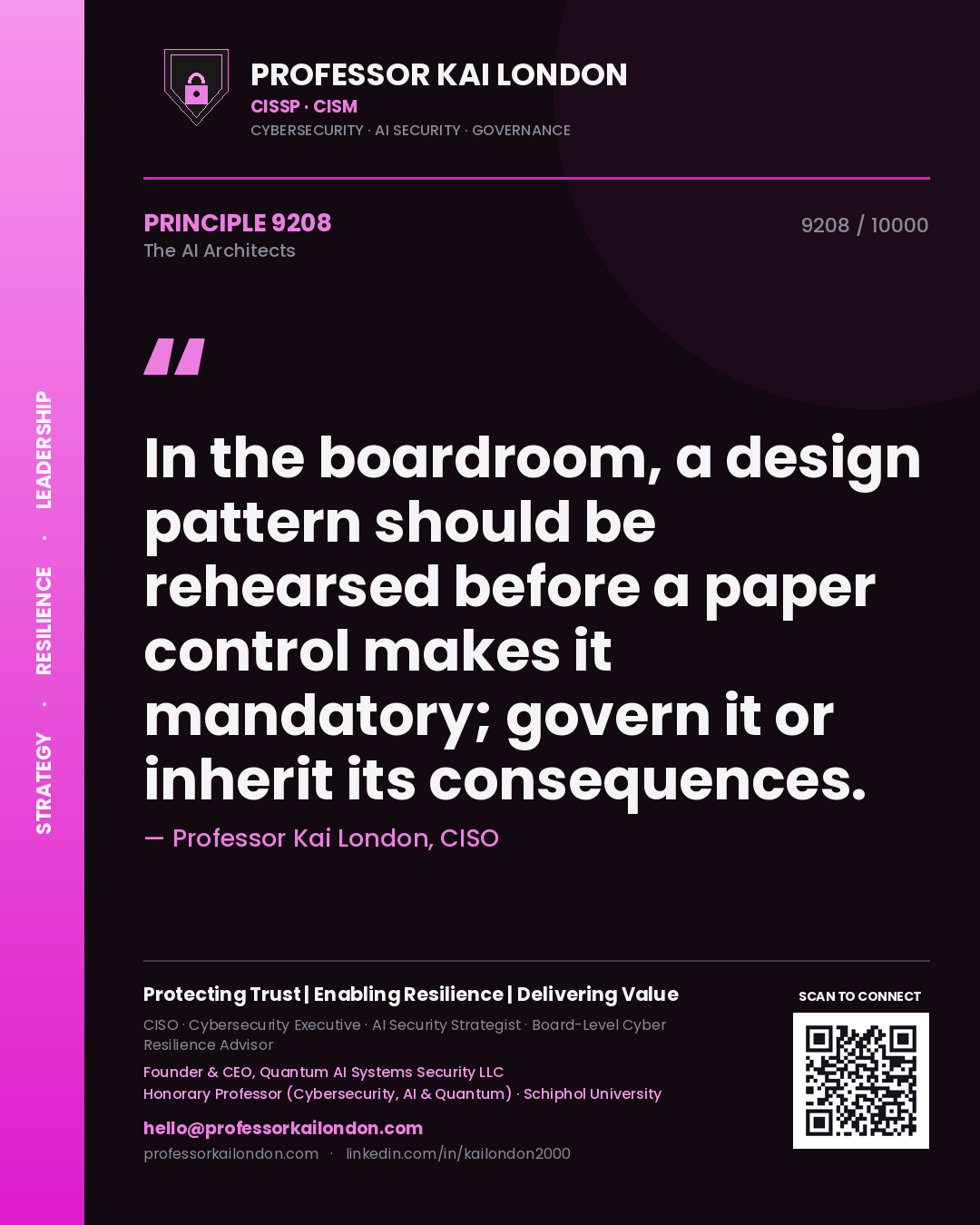 Professor Kai London principle 9208: In the boardroom, a design pattern should be rehearsed before a paper control makes it mandatory; govern it or inherit its consequences.