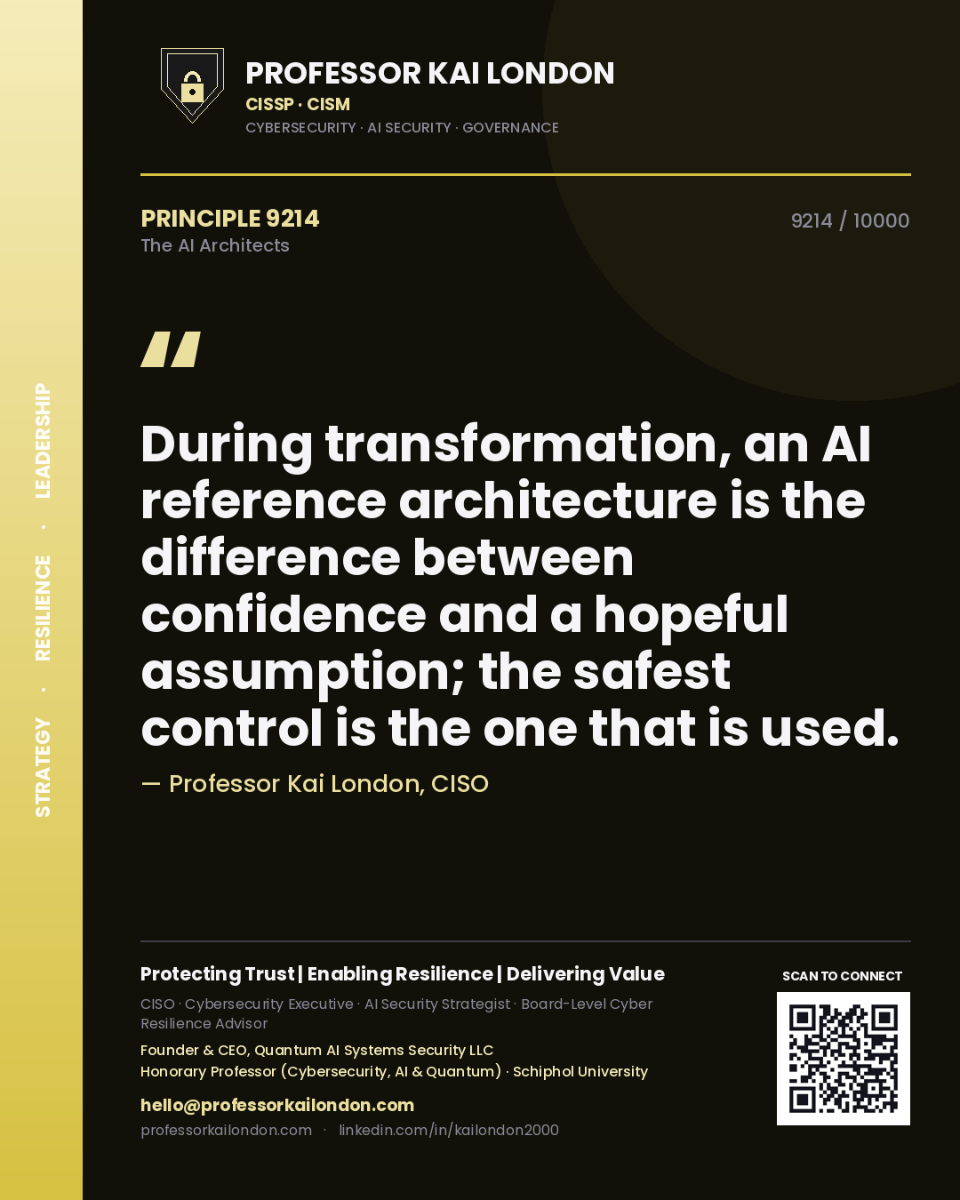 Quote card by Professor Kai London reading 'During transformation, an AI reference architecture is the difference between confidence and a hopeful assumption; the safest control is the one that is used.'. From the book The AI Architects.