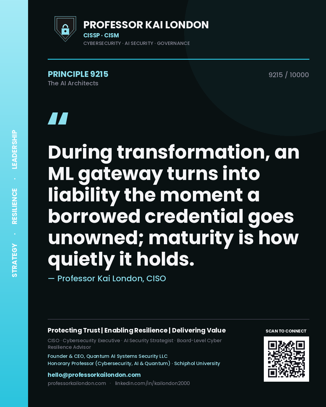 Quote card by Professor Kai London reading 'During transformation, an ML gateway turns into liability the moment a borrowed credential goes unowned; maturity is how quietly it holds.'. From the book The AI Architects.