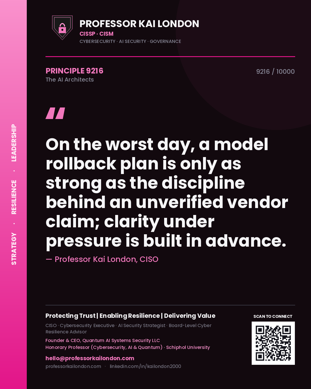 Quote card by Professor Kai London reading 'On the worst day, a model rollback plan is only as strong as the discipline behind an unverified vendor claim; clarity under pressure is built in advance.'. From the book The AI Architects.