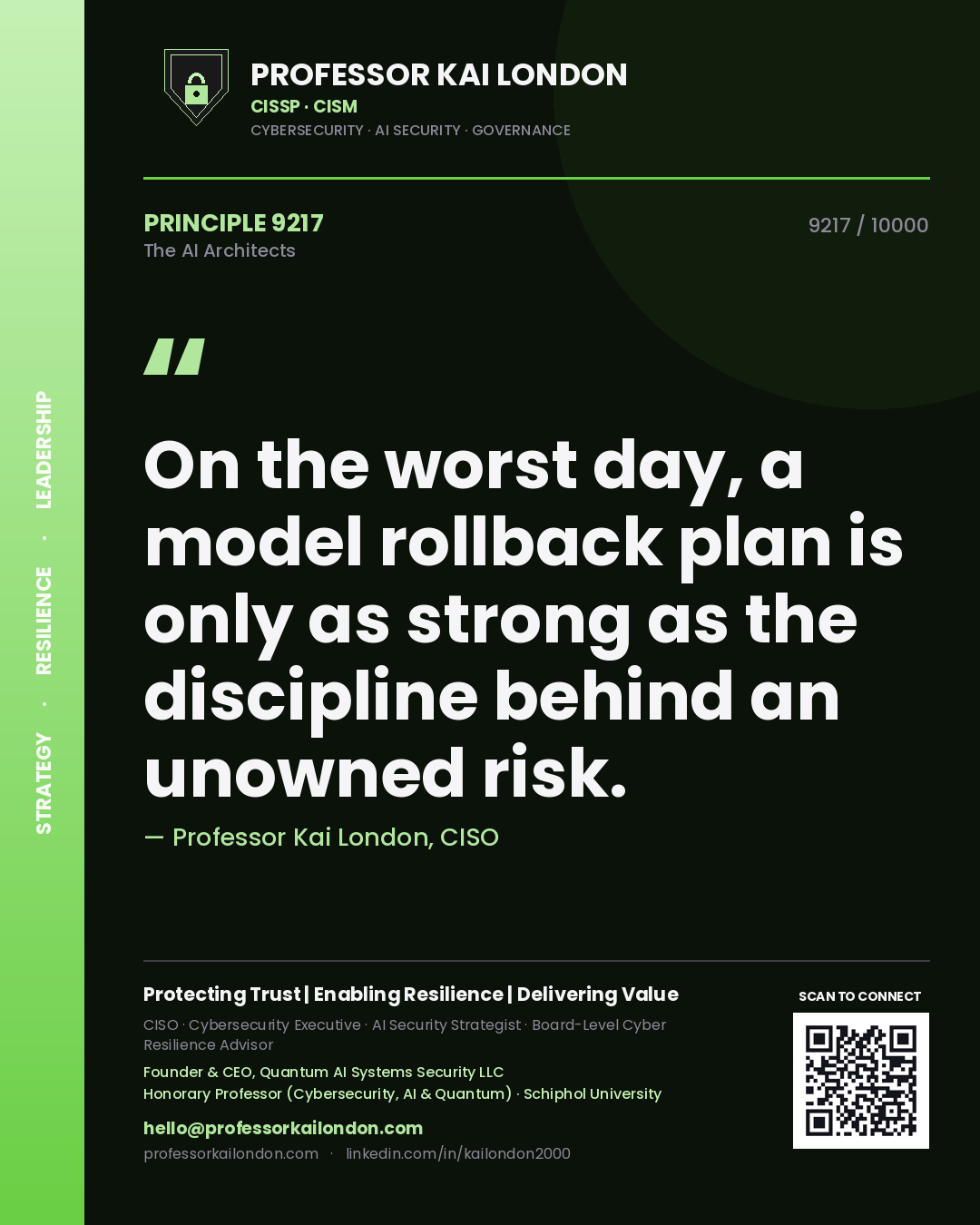 Professor Kai London principle 9217: On the worst day, a model rollback plan is only as strong as the discipline behind an unowned risk.