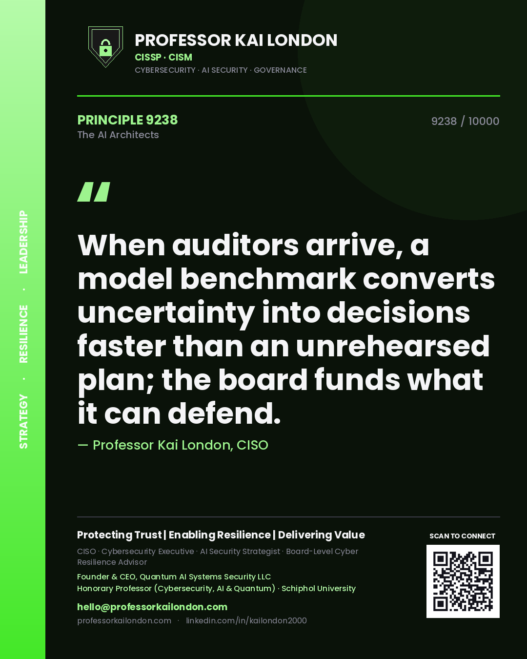 Quote card by Professor Kai London reading 'When auditors arrive, a model benchmark converts uncertainty into decisions faster than an unrehearsed plan; the board funds what it can defend.'. From the book The AI Architects.