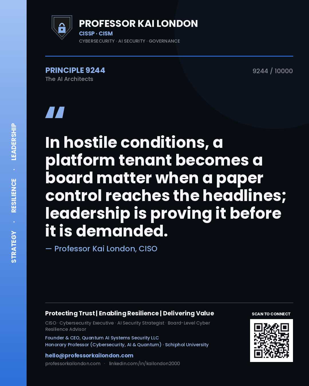 Professor Kai London principle 9244: In hostile conditions, a platform tenant becomes a board matter when a paper control reaches the headlines; leadership is proving it before it is demanded.