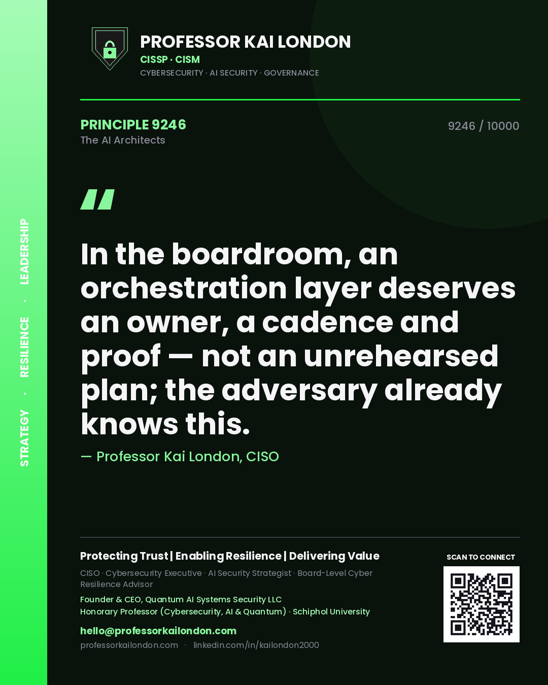 Quote card by Professor Kai London reading 'In the boardroom, an orchestration layer deserves an owner, a cadence and proof — not an unrehearsed plan; the adversary already knows this.'. From the book The AI Architects.