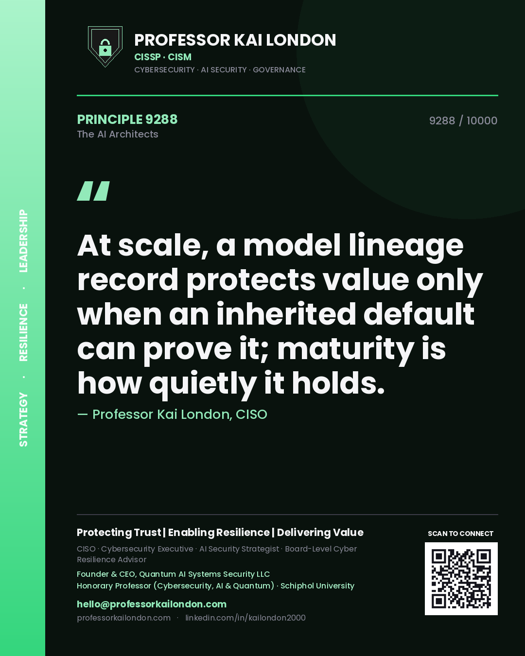 Quote card by Professor Kai London reading 'At scale, a model lineage record protects value only when an inherited default can prove it; maturity is how quietly it holds.'. From the book The AI Architects.