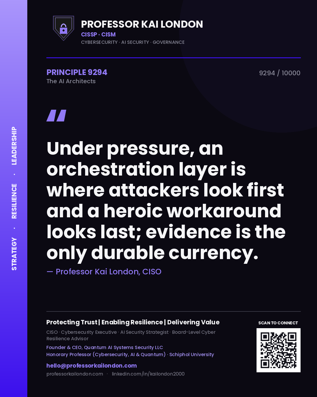 Quote card by Professor Kai London reading 'Under pressure, an orchestration layer is where attackers look first and a heroic workaround looks last; evidence is the only durable currency.'. From the book The AI Architects.