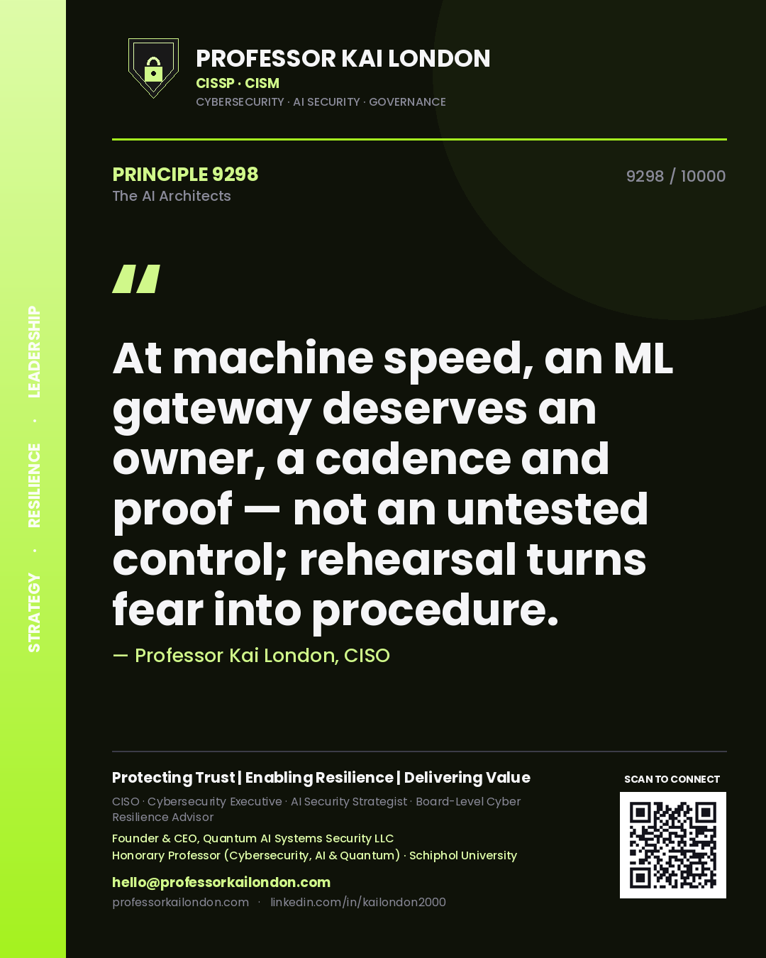 Professor Kai London principle 9298: At machine speed, an ML gateway deserves an owner, a cadence and proof — not an untested control; rehearsal turns fear into procedure.