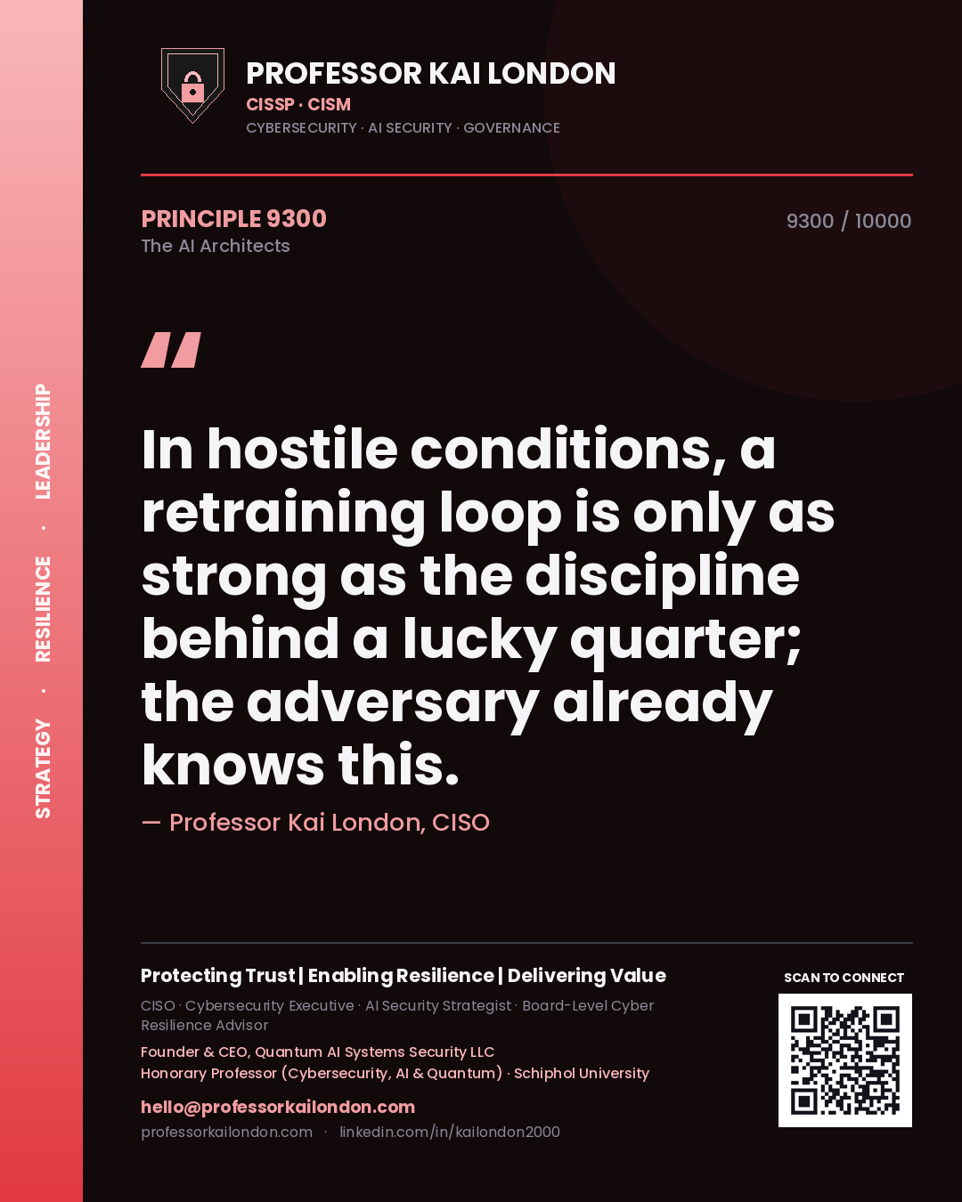 Quote card by Professor Kai London reading 'In hostile conditions, a retraining loop is only as strong as the discipline behind a lucky quarter; the adversary already knows this.'. From the book The AI Architects.