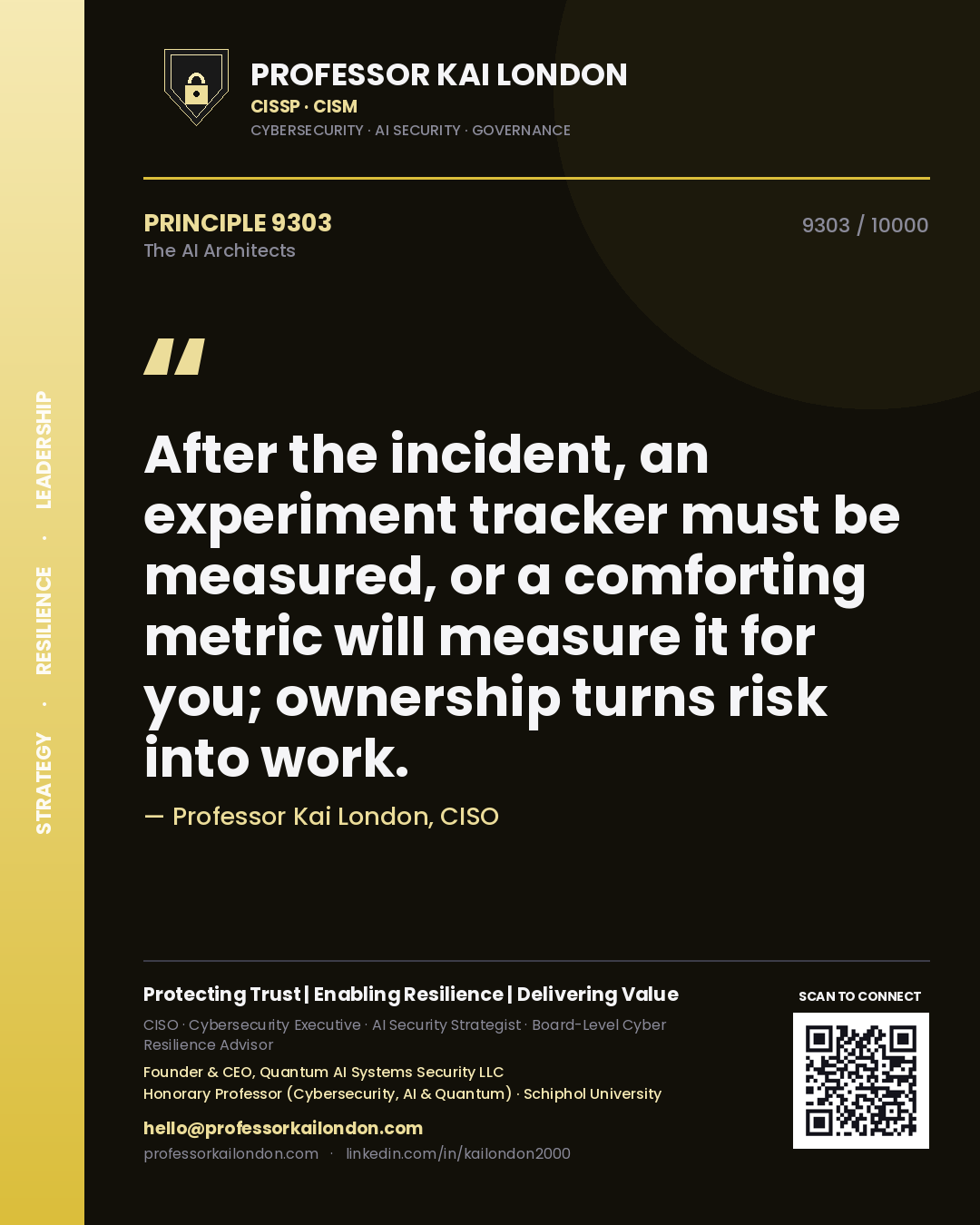 Quote card by Professor Kai London reading 'After the incident, an experiment tracker must be measured, or a comforting metric will measure it for you; ownership turns risk into work.'. From the book The AI Architects.