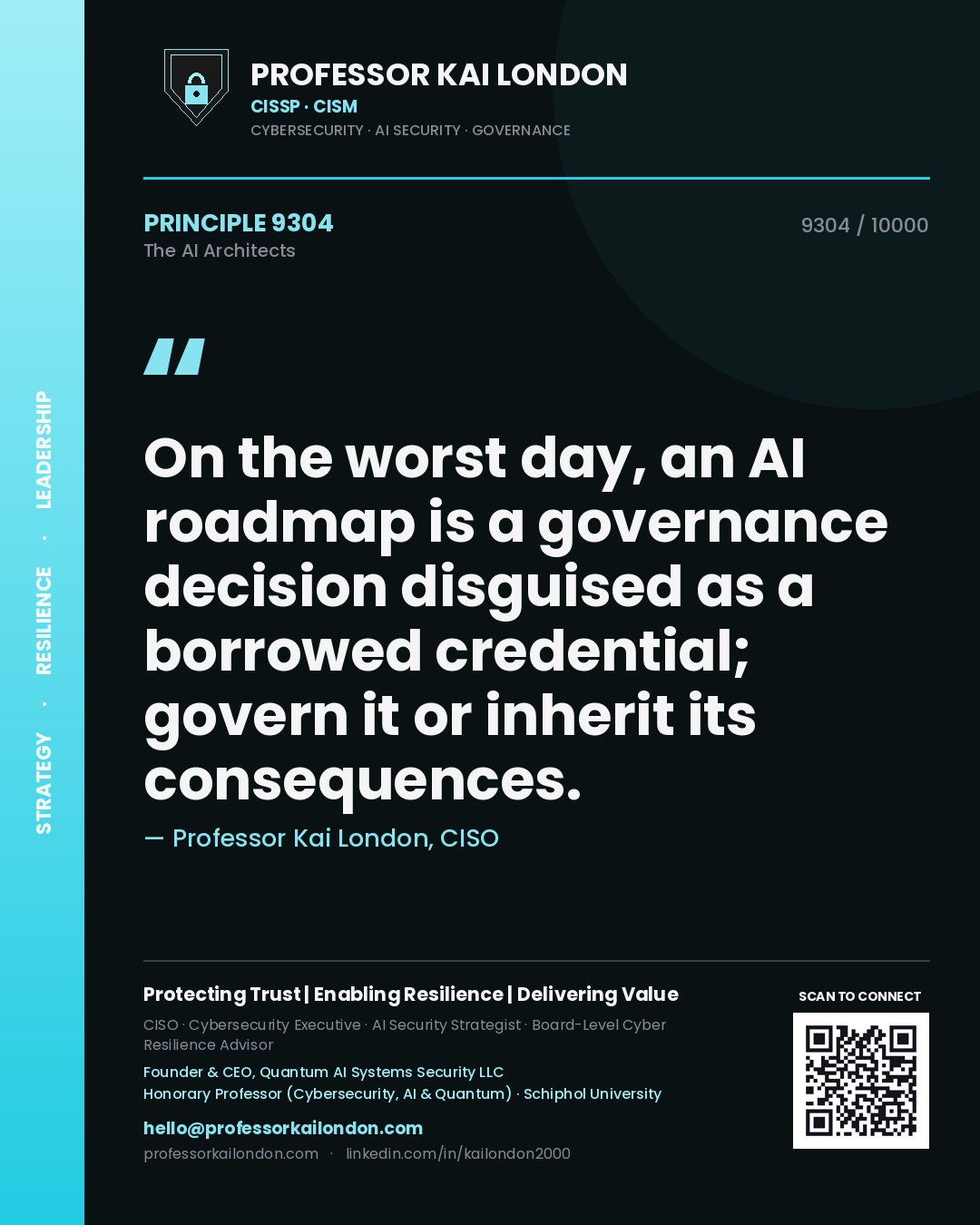 Quote card by Professor Kai London reading 'On the worst day, an AI roadmap is a governance decision disguised as a borrowed credential; govern it or inherit its consequences.'. From the book The AI Architects.