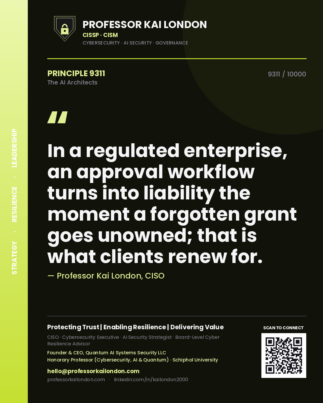 Quote card by Professor Kai London reading 'In a regulated enterprise, an approval workflow turns into liability the moment a forgotten grant goes unowned; that is what clients renew for.'. From the book The AI Architects.