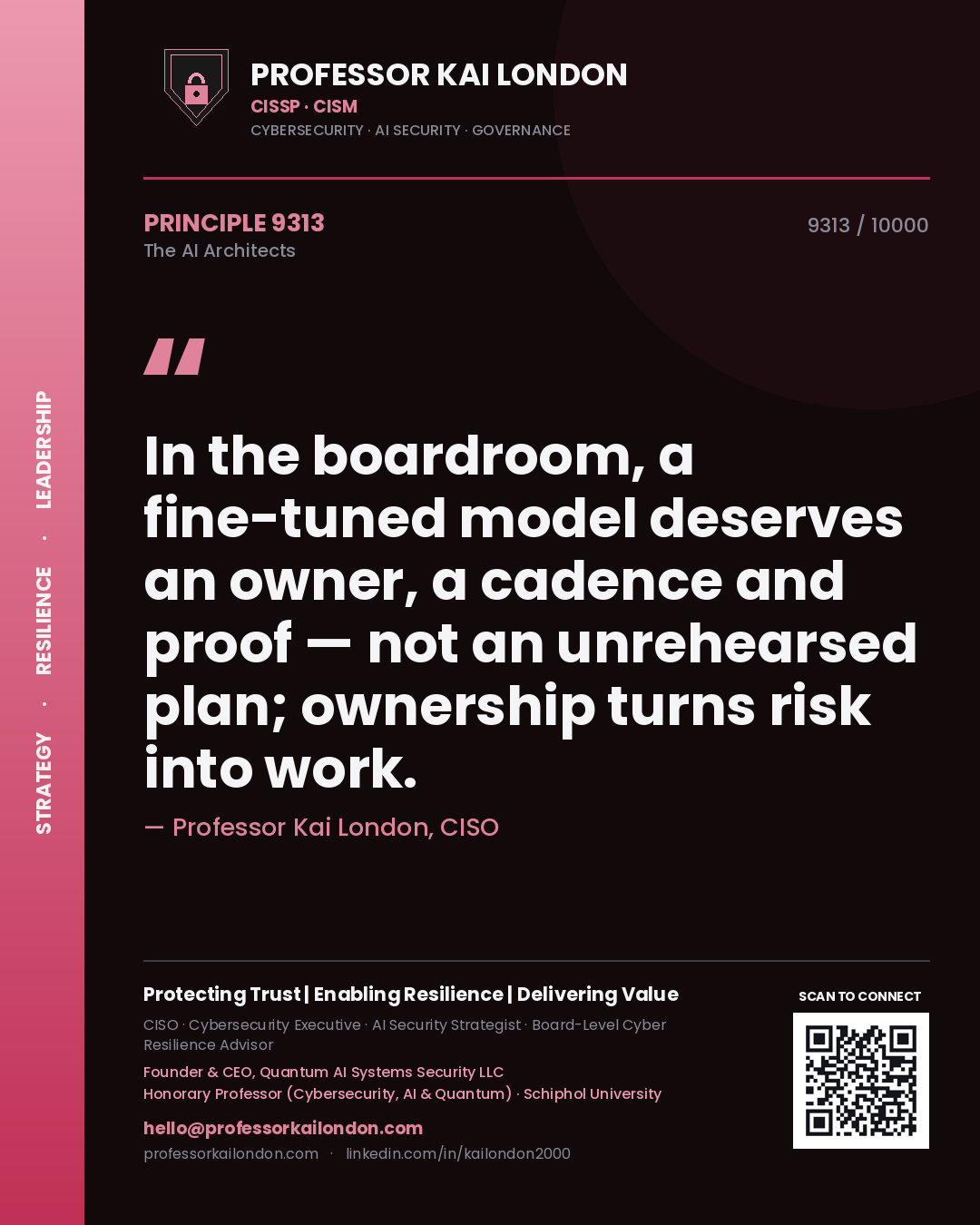 Quote card by Professor Kai London reading 'In the boardroom, a fine-tuned model deserves an owner, a cadence and proof — not an unrehearsed plan; ownership turns risk into work.'. From the book The AI Architects.