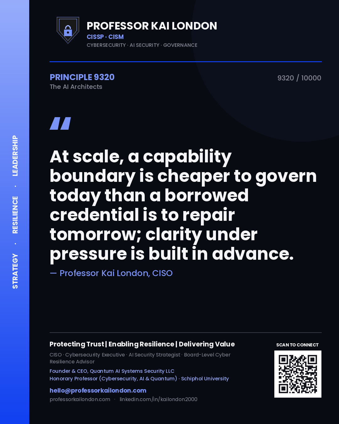 Quote card by Professor Kai London reading 'At scale, a capability boundary is cheaper to govern today than a borrowed credential is to repair tomorrow; clarity under pressure is built in advance.'. From the book The AI Architects.