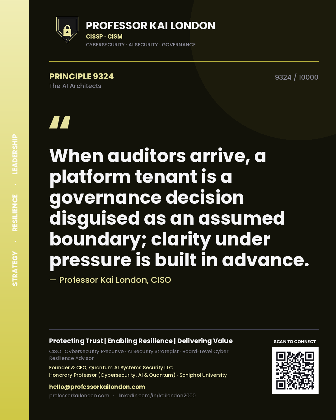 Quote card by Professor Kai London reading 'When auditors arrive, a platform tenant is a governance decision disguised as an assumed boundary; clarity under pressure is built in advance.'. From the book The AI Architects.