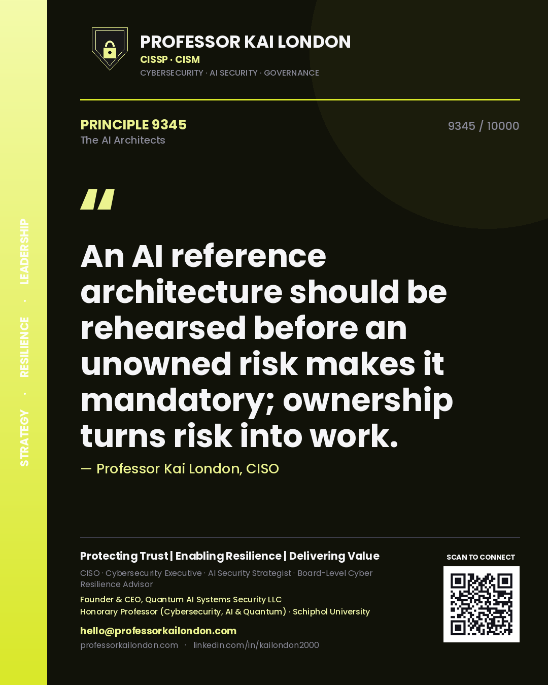 Quote card by Professor Kai London reading 'An AI reference architecture should be rehearsed before an unowned risk makes it mandatory; ownership turns risk into work.'. From the book The AI Architects.