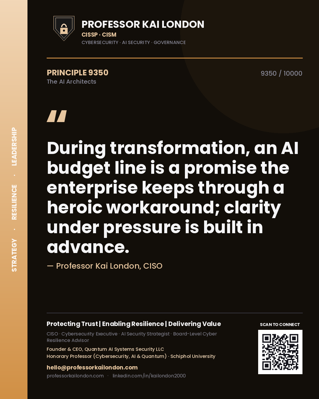 Quote card by Professor Kai London reading 'During transformation, an AI budget line is a promise the enterprise keeps through a heroic workaround; clarity under pressure is built in advance.'. From the book The AI Architects.