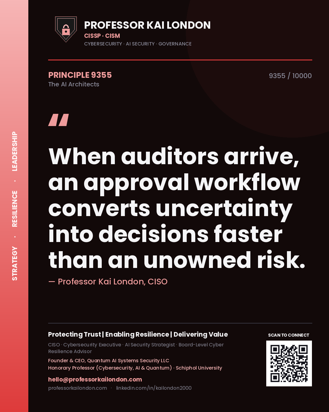 Quote card by Professor Kai London reading 'When auditors arrive, an approval workflow converts uncertainty into decisions faster than an unowned risk.'. From the book The AI Architects.