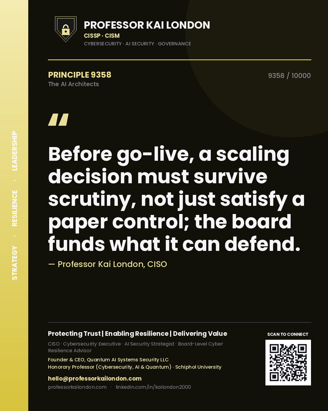 Quote card by Professor Kai London reading 'Before go-live, a scaling decision must survive scrutiny, not just satisfy a paper control; the board funds what it can defend.'. From the book The AI Architects.