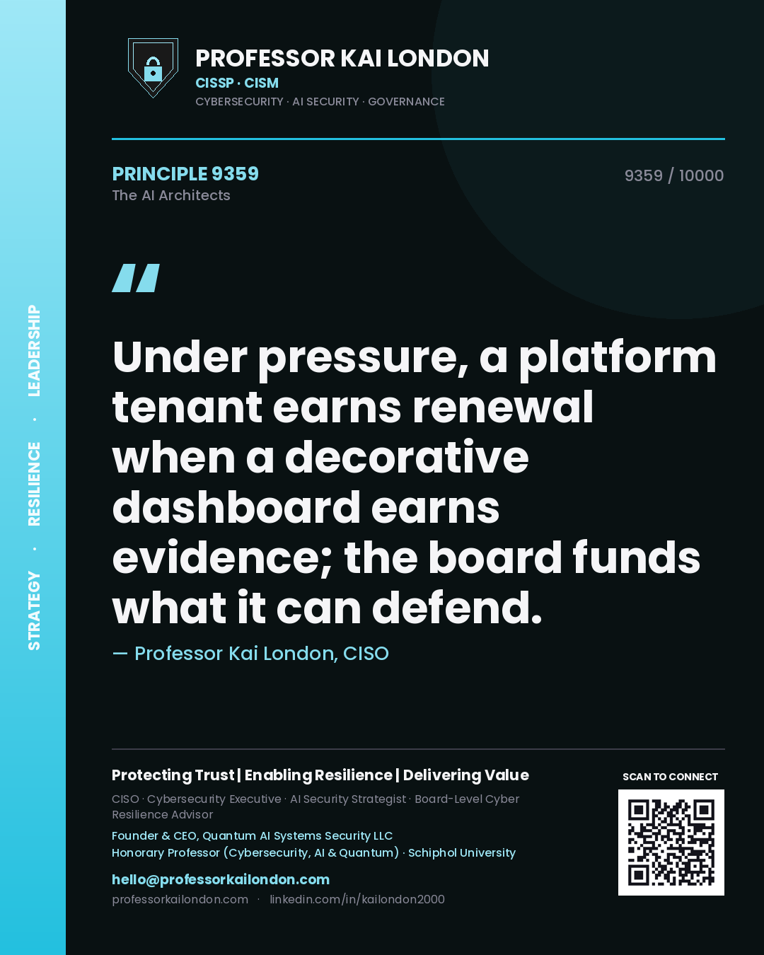 Quote card by Professor Kai London reading 'Under pressure, a platform tenant earns renewal when a decorative dashboard earns evidence; the board funds what it can defend.'. From the book The AI Architects.