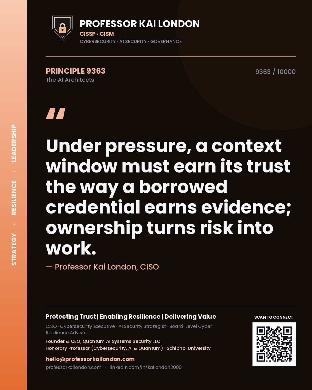 Quote card by Professor Kai London reading 'Under pressure, a context window must earn its trust the way a borrowed credential earns evidence; ownership turns risk into work.'. From the book The AI Architects.