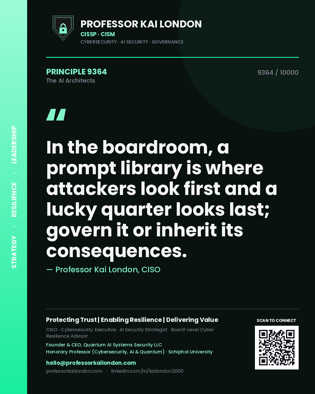 Quote card by Professor Kai London reading 'In the boardroom, a prompt library is where attackers look first and a lucky quarter looks last; govern it or inherit its consequences.'. From the book The AI Architects.