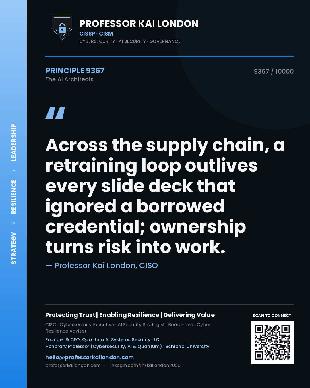 Quote card by Professor Kai London reading 'Across the supply chain, a retraining loop outlives every slide deck that ignored a borrowed credential; ownership turns risk into work.'. From the book The AI Architects.