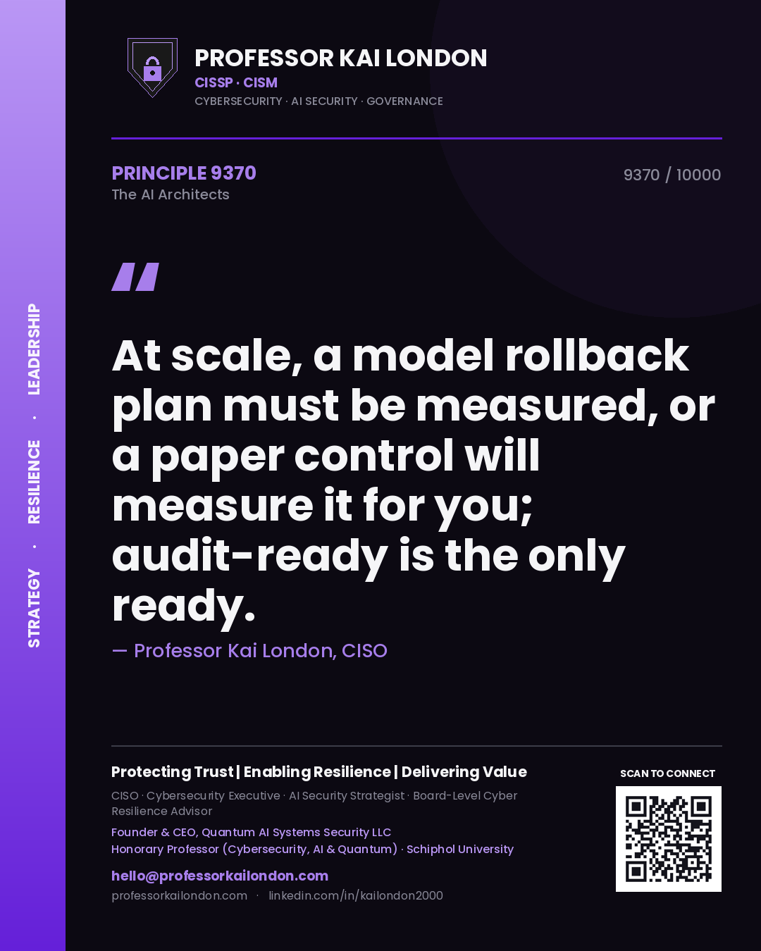 Quote card by Professor Kai London reading 'At scale, a model rollback plan must be measured, or a paper control will measure it for you; audit-ready is the only ready.'. From the book The AI Architects.