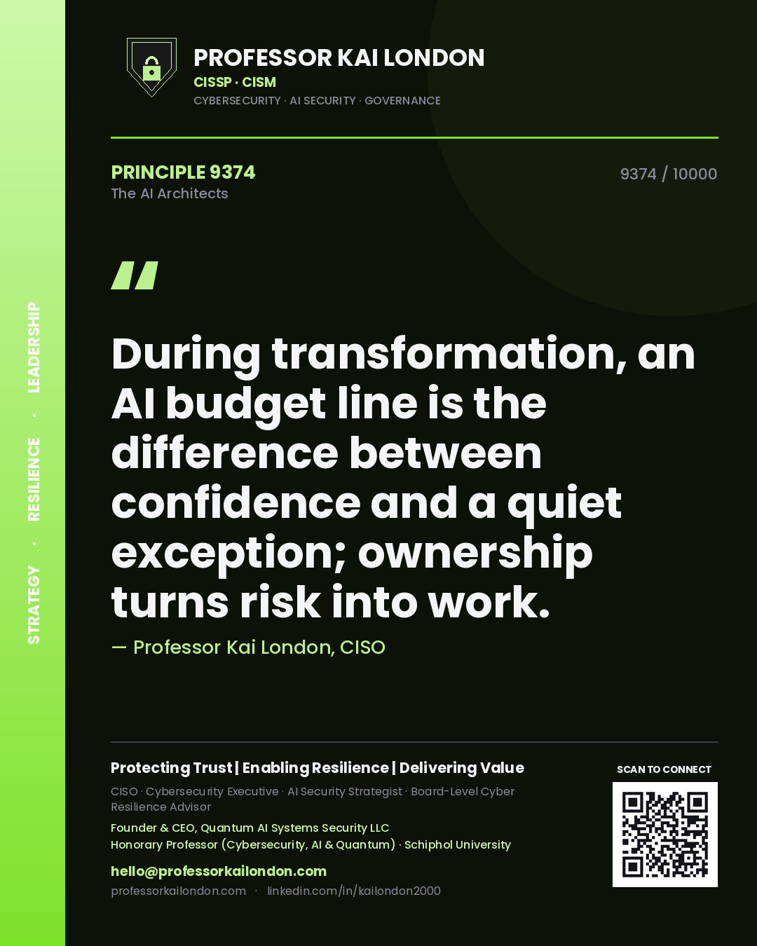 Quote card by Professor Kai London reading 'During transformation, an AI budget line is the difference between confidence and a quiet exception; ownership turns risk into work.'. From the book The AI Architects.