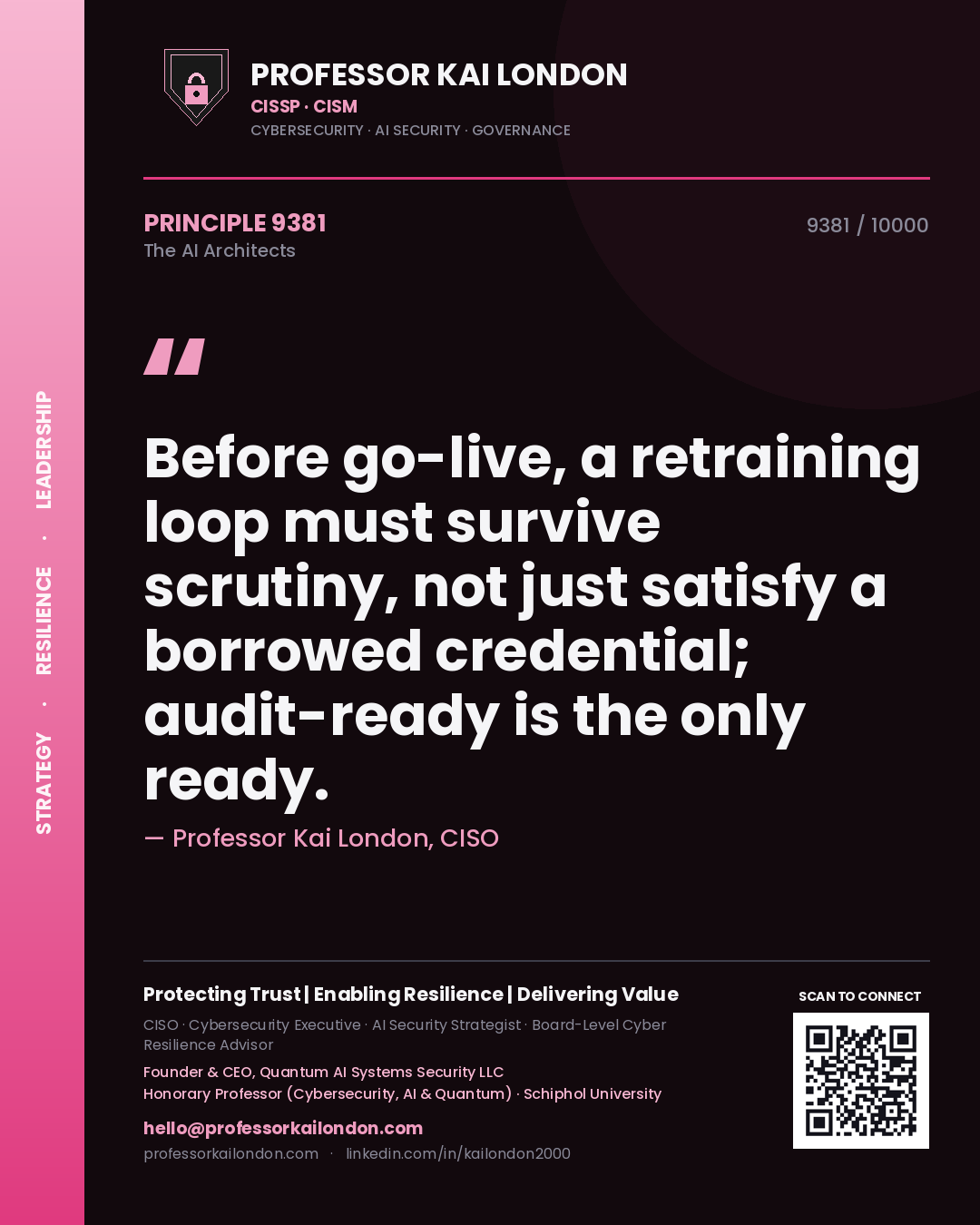 Quote card by Professor Kai London reading 'Before go-live, a retraining loop must survive scrutiny, not just satisfy a borrowed credential; audit-ready is the only ready.'. From the book The AI Architects.