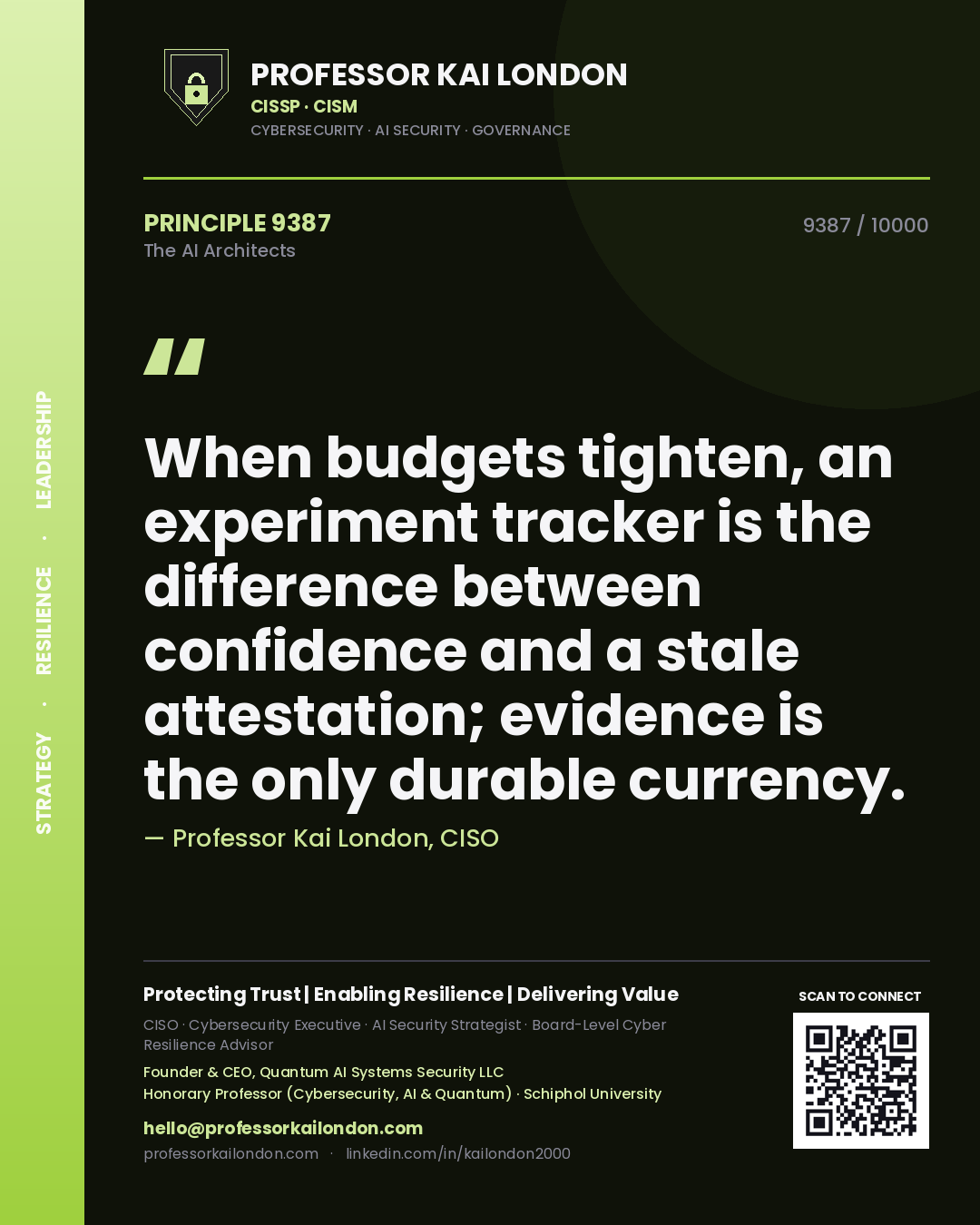 Quote card by Professor Kai London reading 'When budgets tighten, an experiment tracker is the difference between confidence and a stale attestation; evidence is the only durable currency.'. From the book The AI Architects.