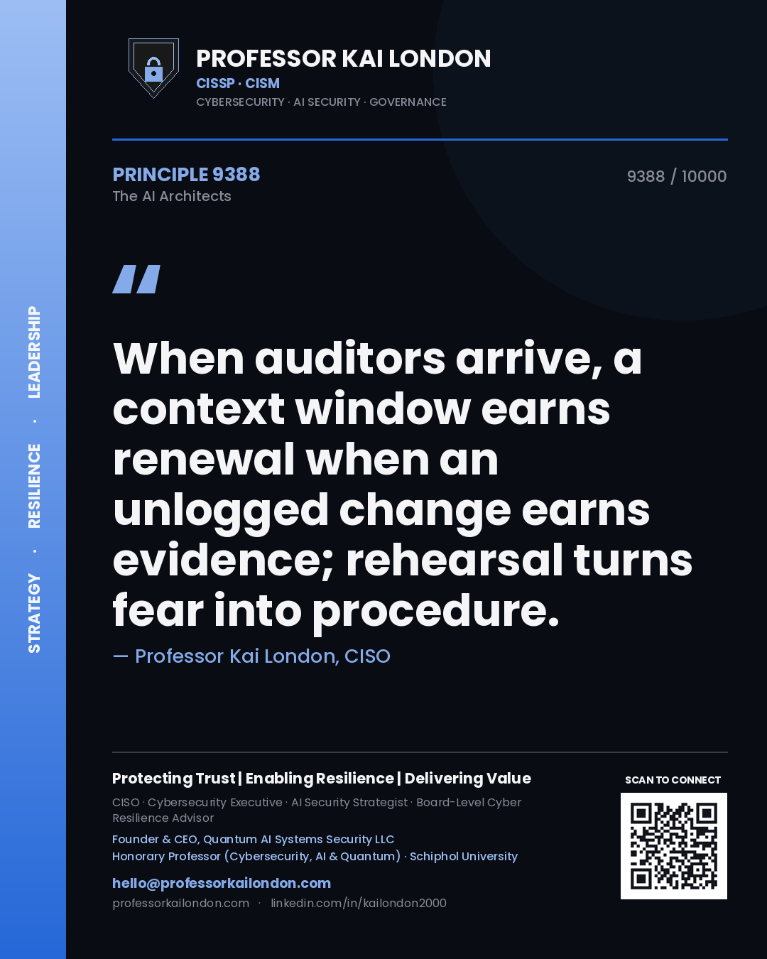 Quote card by Professor Kai London reading 'When auditors arrive, a context window earns renewal when an unlogged change earns evidence; rehearsal turns fear into procedure.'. From the book The AI Architects.