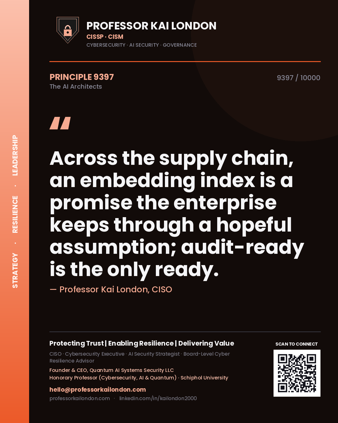 Quote card by Professor Kai London reading 'Across the supply chain, an embedding index is a promise the enterprise keeps through a hopeful assumption; audit-ready is the only ready.'. From the book The AI Architects.