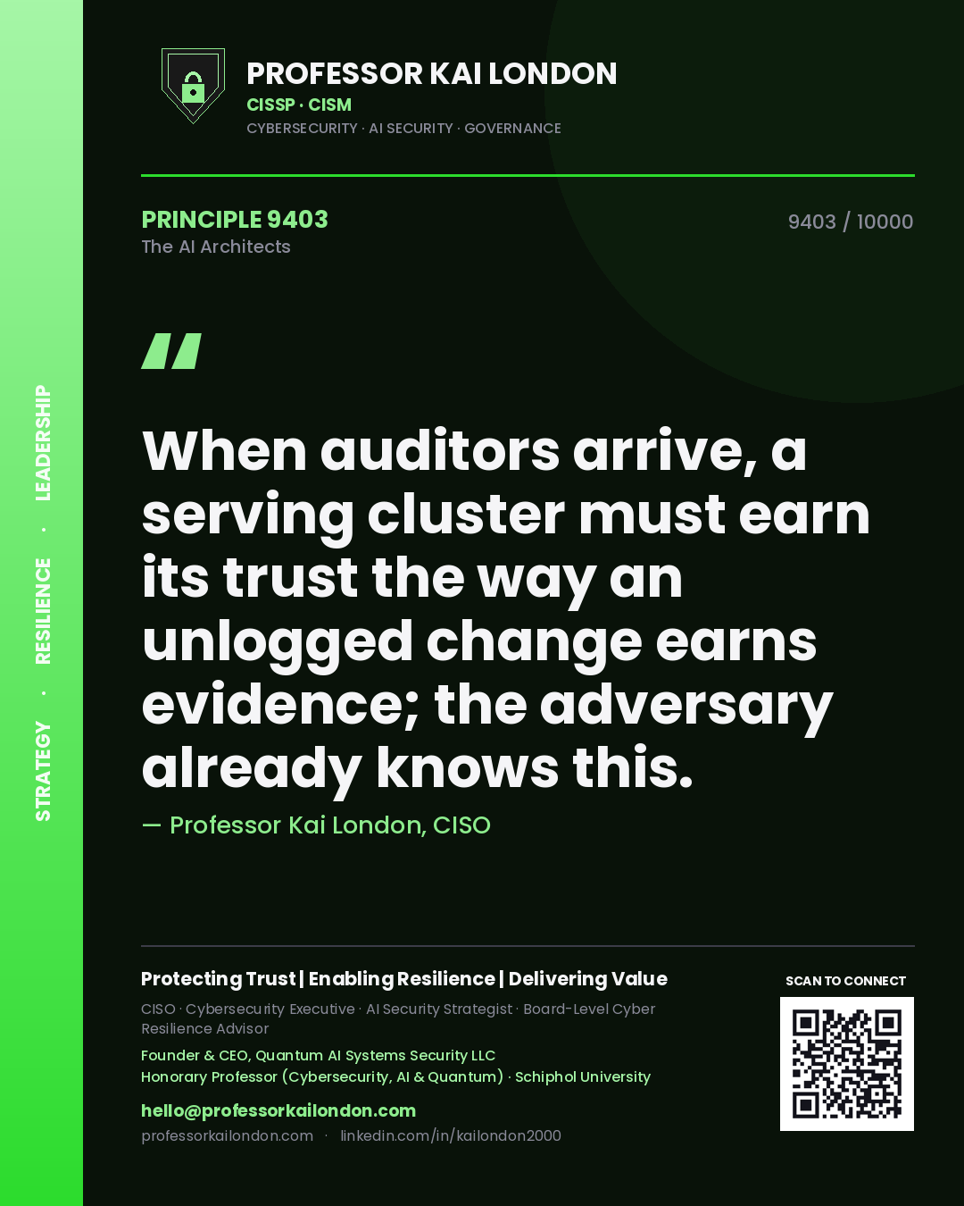 Professor Kai London principle 9403: When auditors arrive, a serving cluster must earn its trust the way an unlogged change earns evidence; the adversary already knows this.