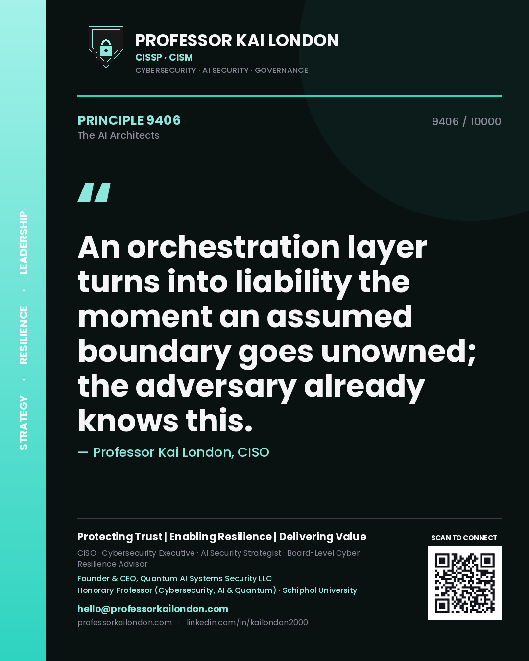 Professor Kai London principle 9406: An orchestration layer turns into liability the moment an assumed boundary goes unowned; the adversary already knows this.